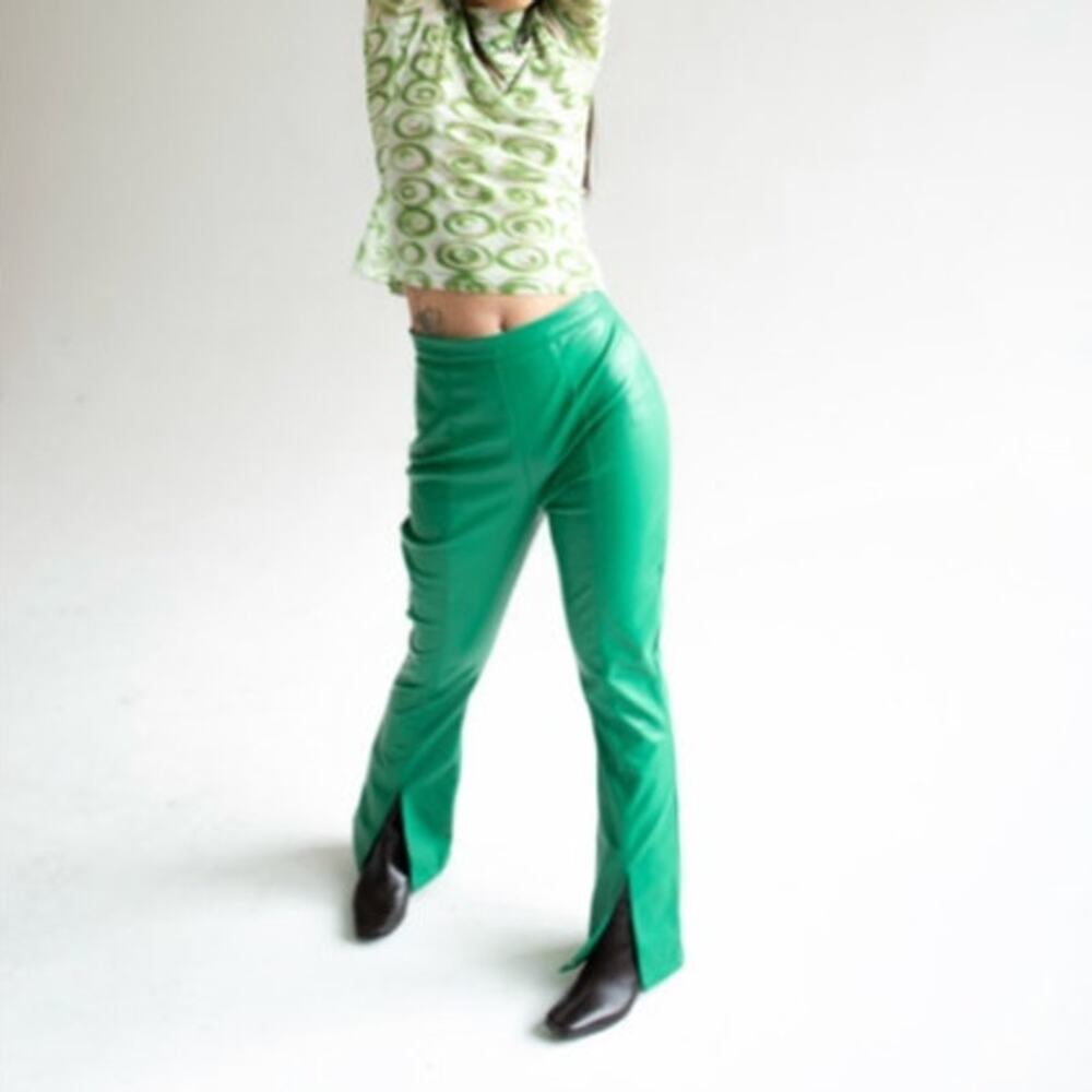 FIND ME NOW Faux Leather Pants Size S Green Vegan Leather Boot Slit - Picture 8 of 8